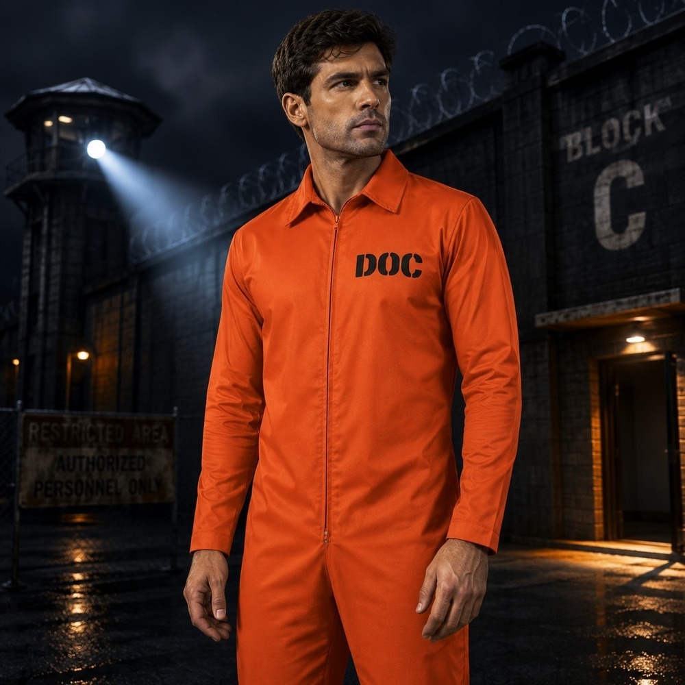 Spirit Halloween Adult S/M Orange DOC Inmate Convict Costume Cosplay Theater